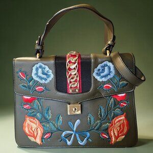 Embroidered Floral Structured Satchel | Gold Chain Detail | Statement Handbag